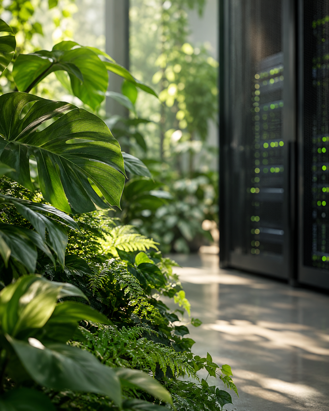 Piante verdi accanto a un’infrastruttura digitale moderna